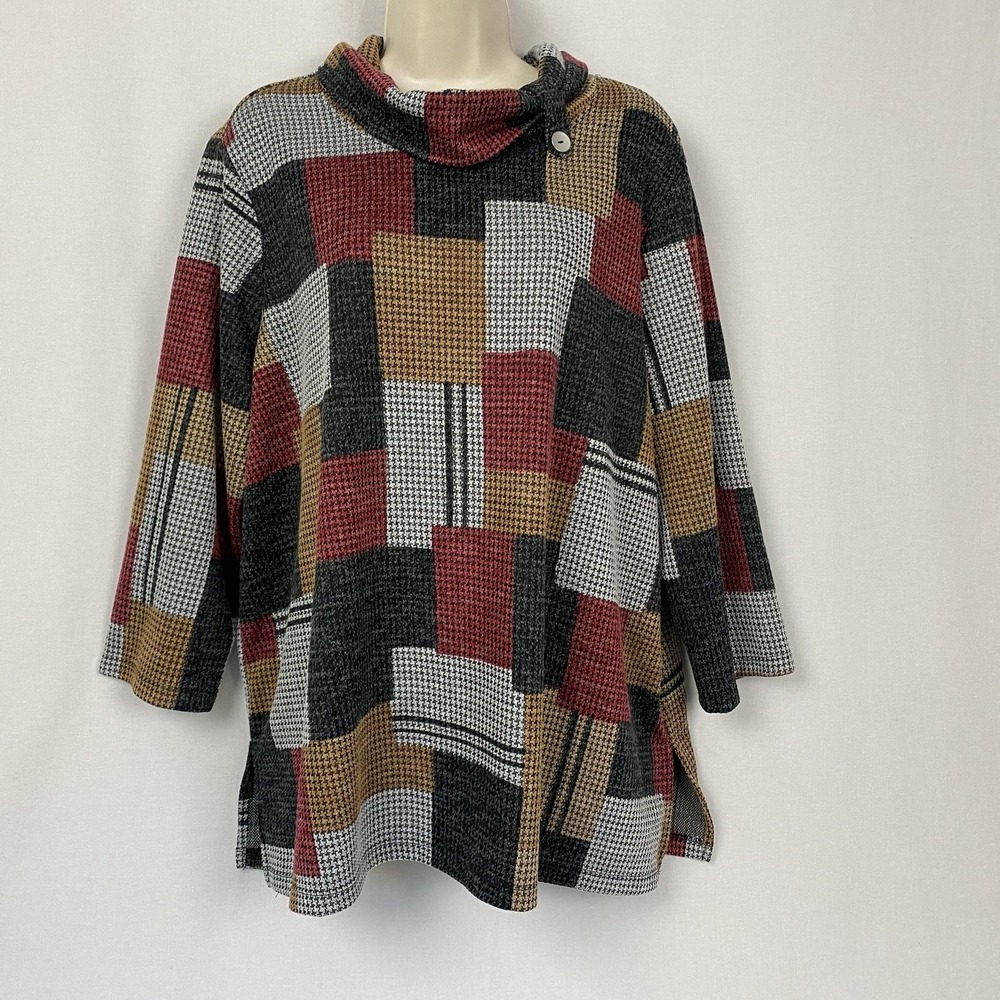 Alfred Dunner Houndstooth Patchwork Cowl Neck Top 1X Knit 3/4 Slv Fall Neutral
